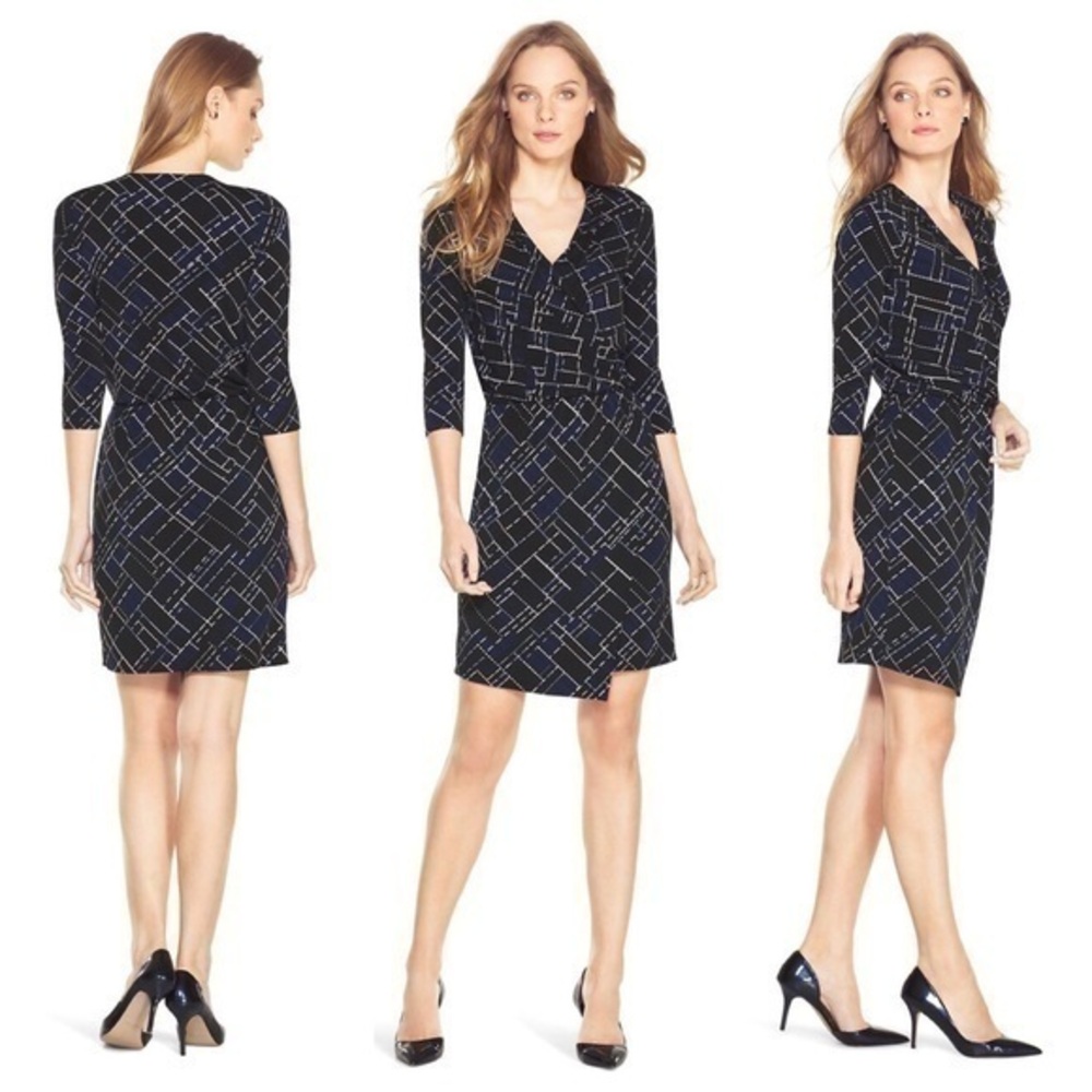 WHBM black petite printed faux wrap dress